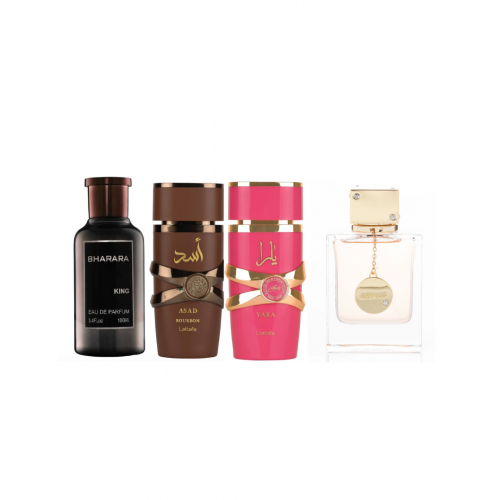 🔥 COMBO 4 PERFUMES — ELEGANCIA PARA ÉL Y PARA ELLA 🔥 Bharara King + Bourbon + Yara Candy + Club Nuit Woman