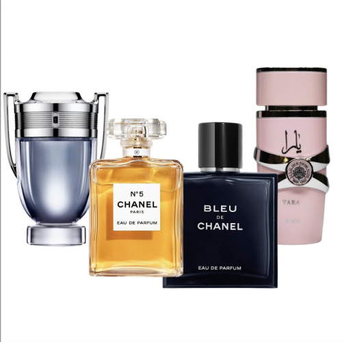🔥 COMBO 4 PERFUMES — ELEGANCIA Y PODER 🔥 Yara + Chanel Nº5 + Invictus + Bleu Chanel