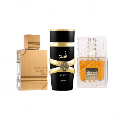 🔥 COMBO 3 PERFUMES + PERFUMERO — LUJO ÁRABE INTENSO 🔥 Haramain Gold + Lattafa Asad + Lattafa Khamrah + Perfumero