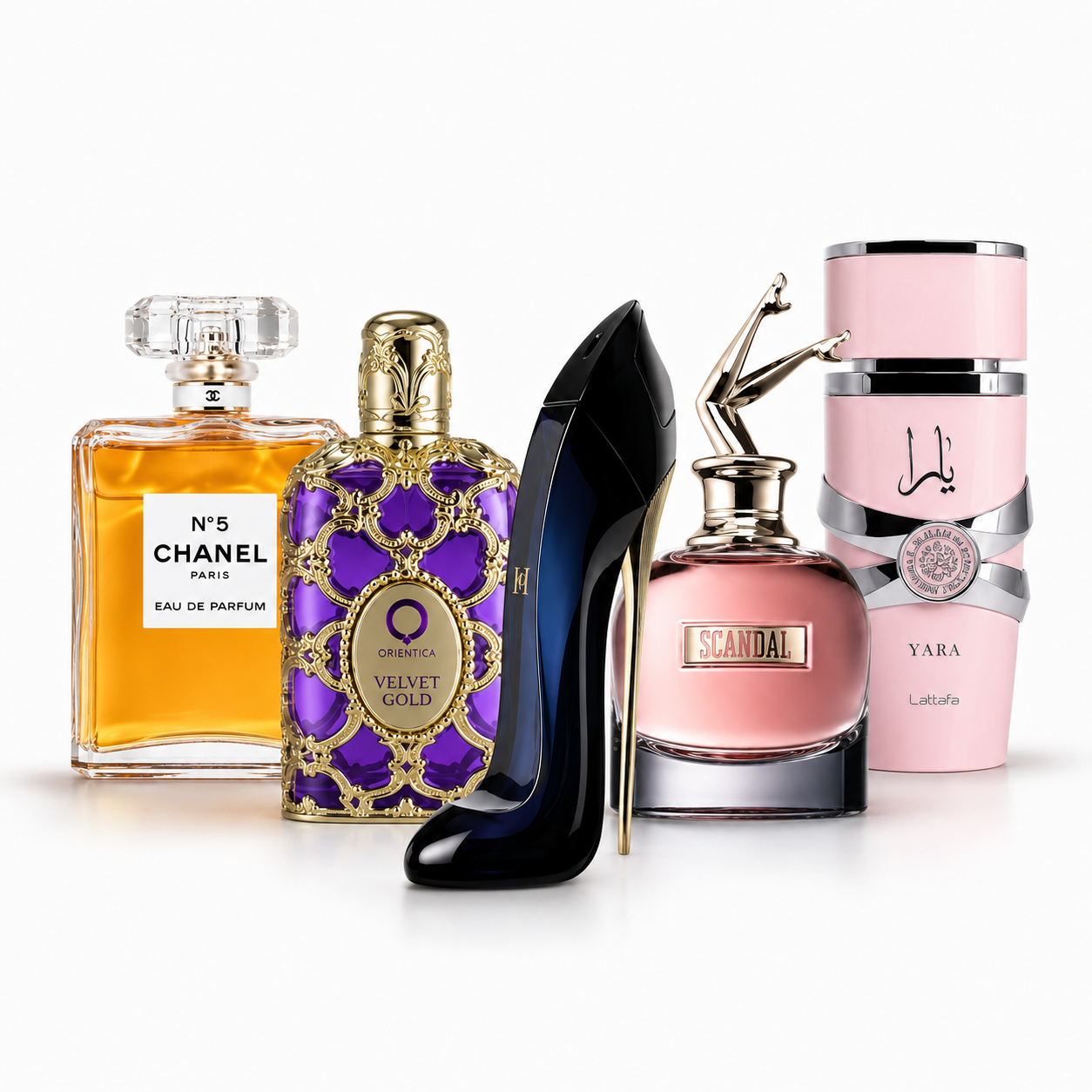🔥 COMBO 5 PERFUMES — DAMA ELEGANTE Y SOFISTICADA 🔥 N°5 Chanel + Orientica Velvet Gold + Scandal + Good Girl + Yara